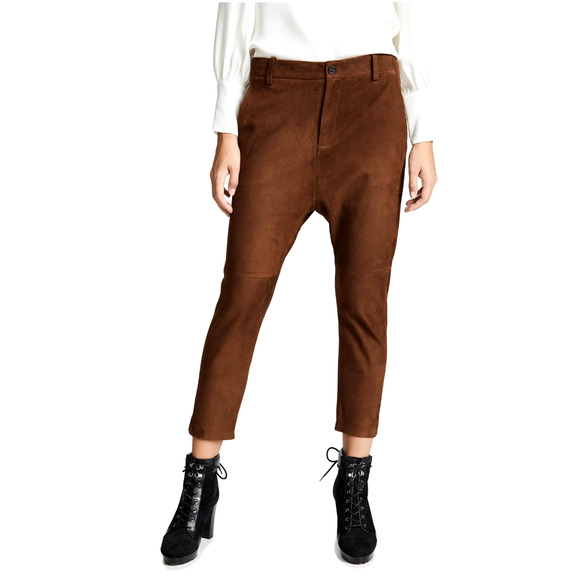 Nili Lotan 8 Goatskin Suede Paris Pants Drop Crotch Slouchy Leather Cognac Brown - Picture 1 of 16